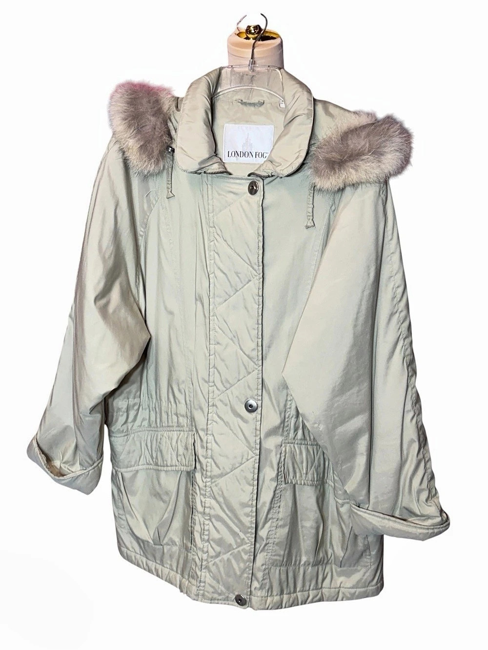 London Fog Hooded Puffer Jacket Sage Green Size Medium Like New